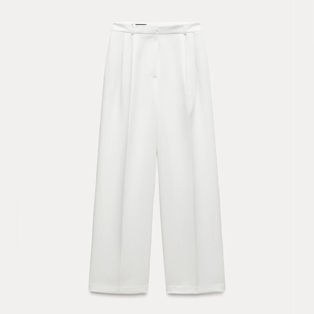 NWT Zara High Waist Wide Leg Pleated Trousers Pants in White Size L - Picture 7 of 11
